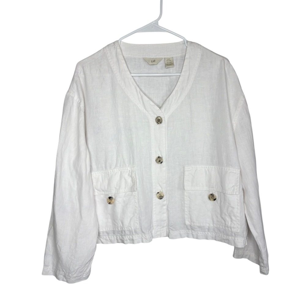 J. Jill White 100% Linen Chore Jacket Womens XSP  Fits like a Large Front Pocket